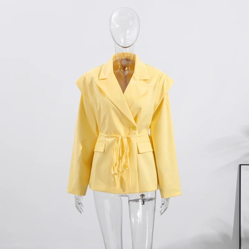 Solid Lapel Blazers For Women Oversize Single Button Long Sleeve With Belt Shoulder Pads Jackets 2025 Autumn Office Lady Outwear