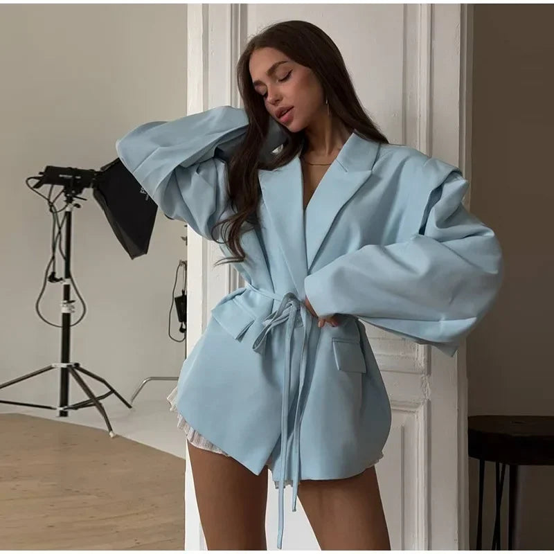 Solid Lapel Blazers For Women Oversize Single Button Long Sleeve With Belt Shoulder Pads Jackets 2025 Autumn Office Lady Outwear