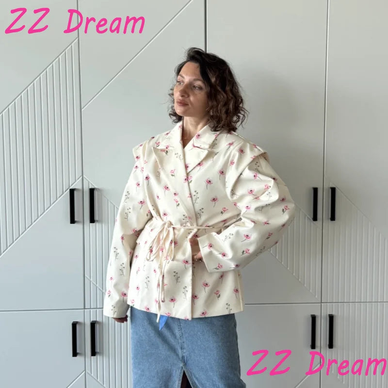 Solid Lapel Blazers For Women Oversize Single Button Long Sleeve With Belt Shoulder Pads Jackets 2025 Autumn Office Lady Outwear