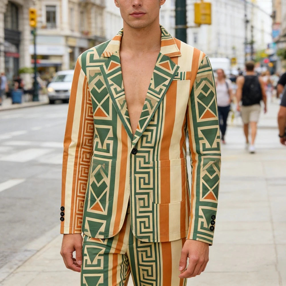 Men Geometric Print Blazers Vintage Modern Oversized Suit Coat Jacket Abstract Stripe Pattern Suit Coat for Daily Casual Wear