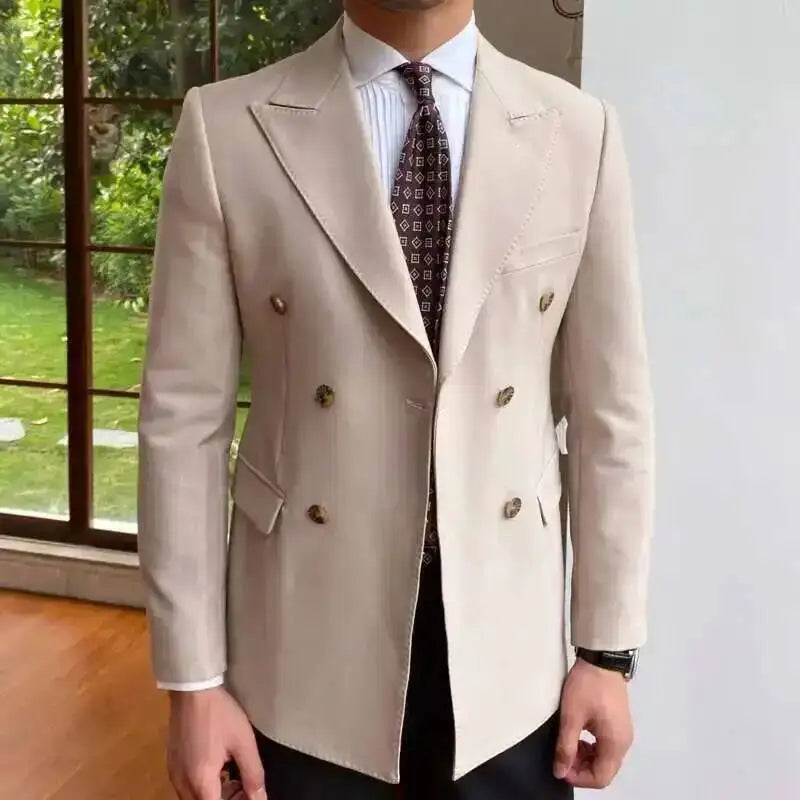 2023 British Style Men Blazers Double Breasted Casual Suit Jacket Wedding Business Dress Coat Social Banquet Tuxedo Costume