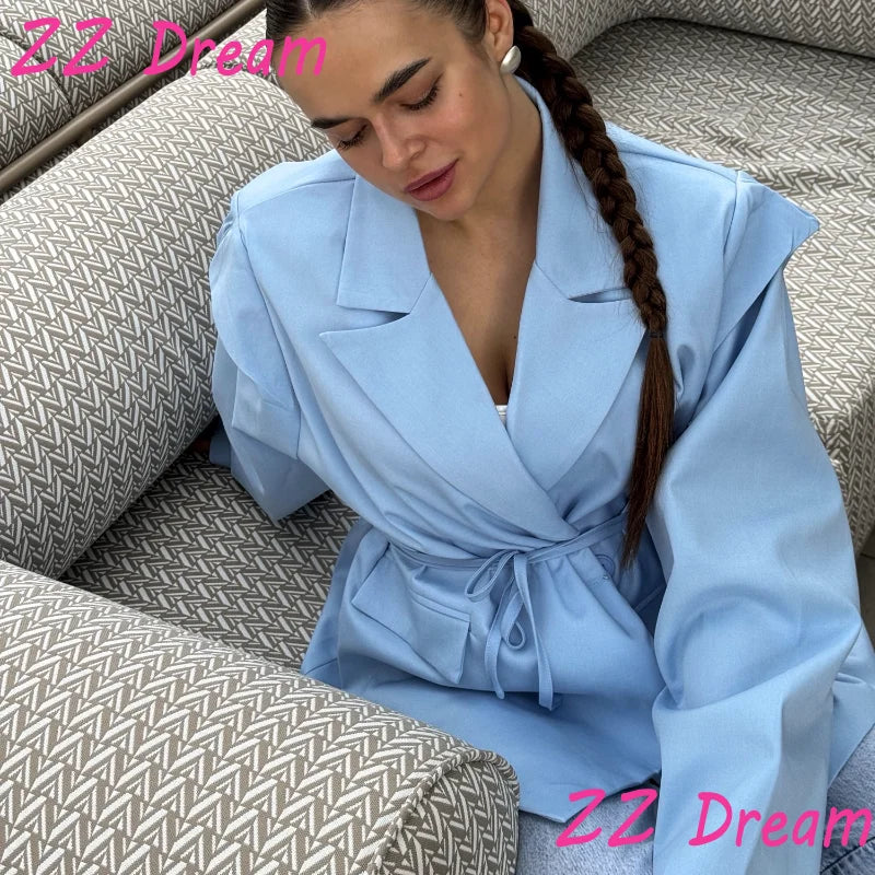 Solid Lapel Blazers For Women Oversize Single Button Long Sleeve With Belt Shoulder Pads Jackets 2025 Autumn Office Lady Outwear