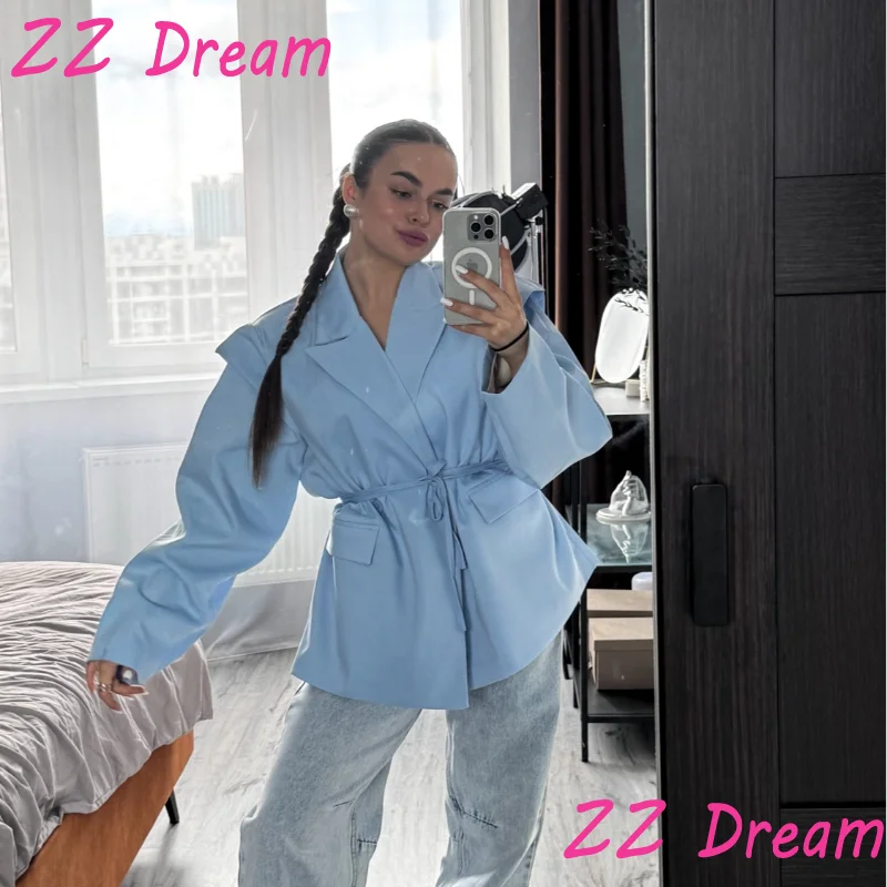 Solid Lapel Blazers For Women Oversize Single Button Long Sleeve With Belt Shoulder Pads Jackets 2025 Autumn Office Lady Outwear