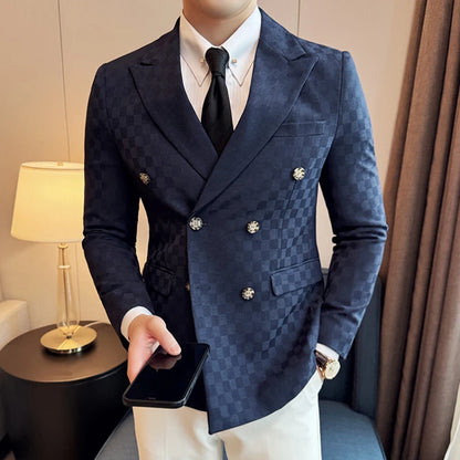 Brand Checkered Double Breasted Blazers Men Slim Fit Business Social Formal Suit Jacket Fashion Wedding Groom Party Dress Coats