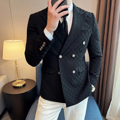Brand Checkered Double Breasted Blazers Men Slim Fit Business Social Formal Suit Jacket Fashion Wedding Groom Party Dress Coats