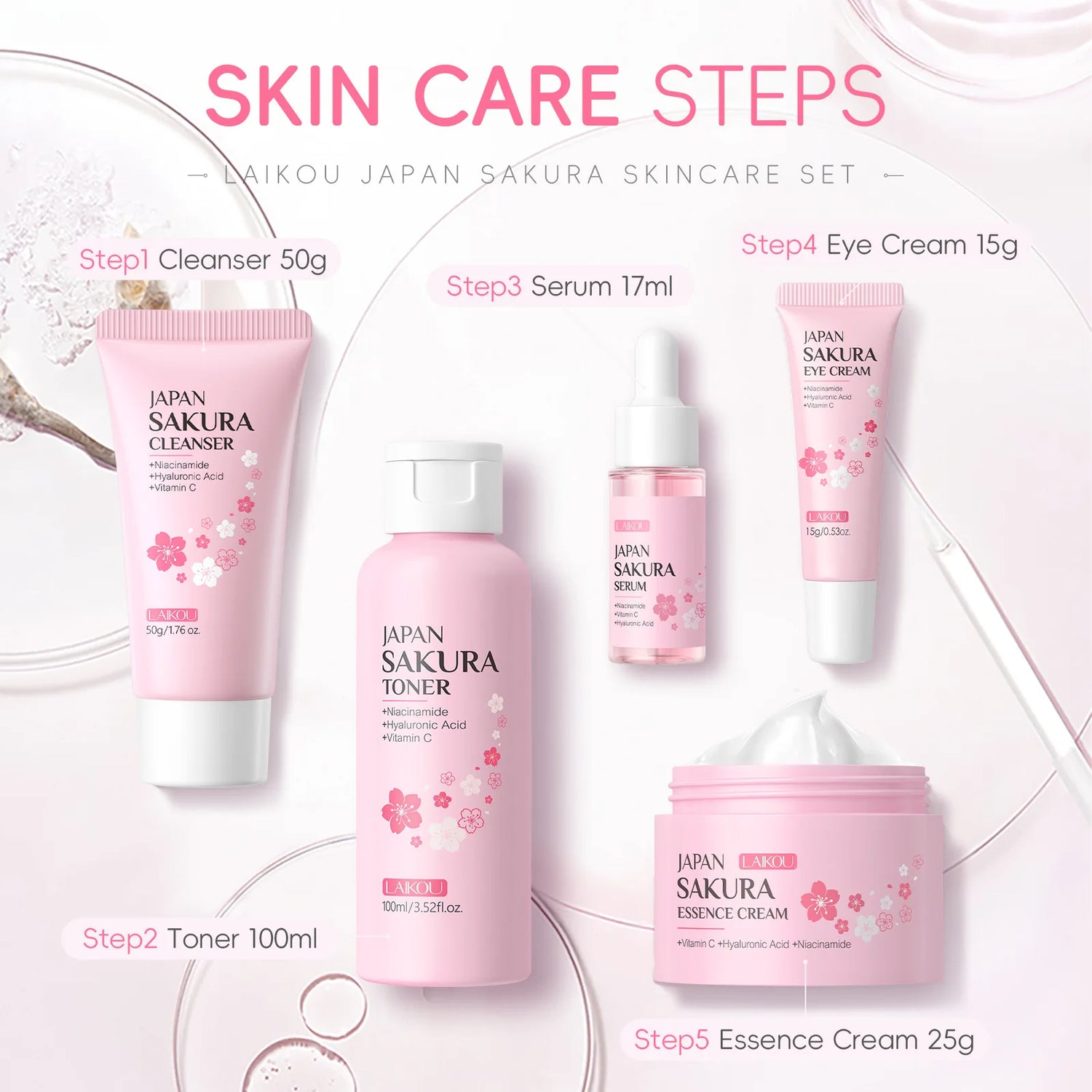 LAIKOU Sakura Kit Skin Care Sets Moisturizing and Reducing Fine Lines Cleansing Pore Product 5-Piece Korean Women&