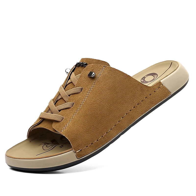 Leisure Walk Slippers for Man Fashion PU Leather Half Drag All-match Beach Sandals Non-Slip Male Flip Flops Open-toe Men Slides