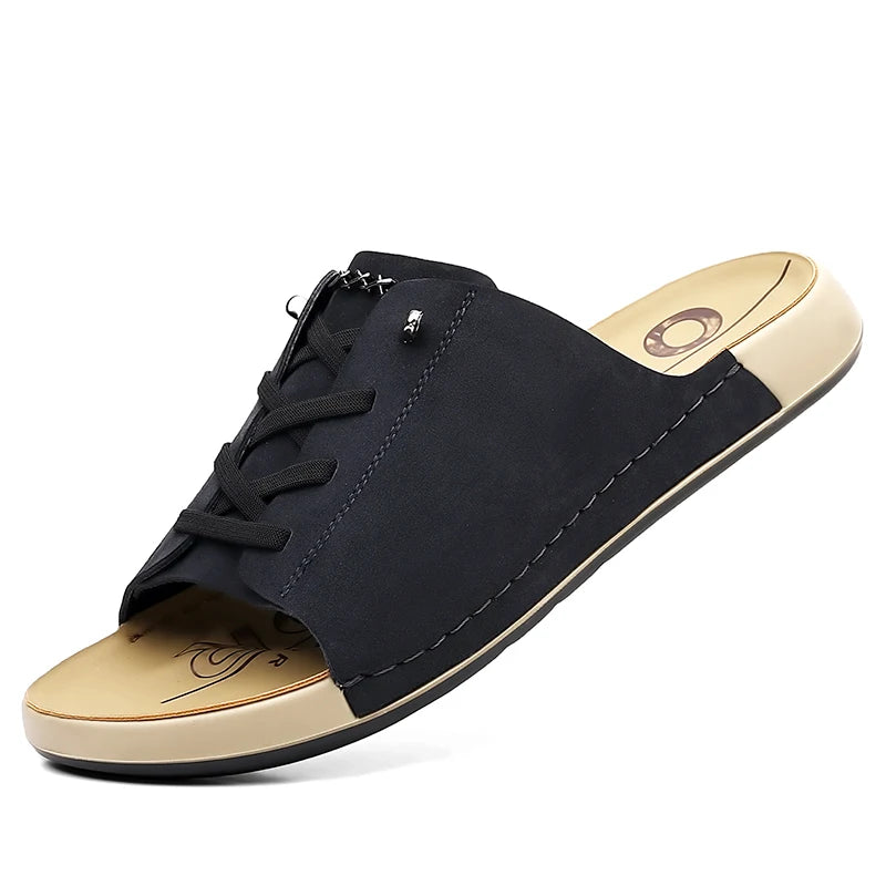 Leisure Walk Slippers for Man Fashion PU Leather Half Drag All-match Beach Sandals Non-Slip Male Flip Flops Open-toe Men Slides