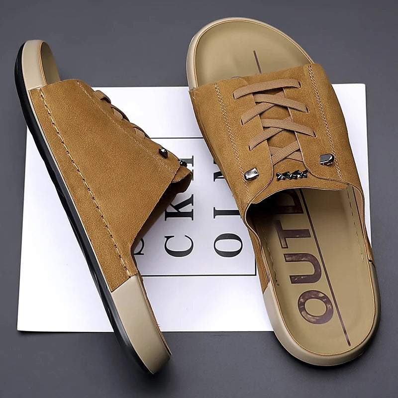 Leisure Walk Slippers for Man Fashion PU Leather Half Drag All-match Beach Sandals Non-Slip Male Flip Flops Open-toe Men Slides