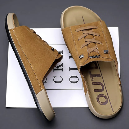 Leisure Walk Slippers for Man Fashion PU Leather Half Drag All-match Beach Sandals Non-Slip Male Flip Flops Open-toe Men Slides