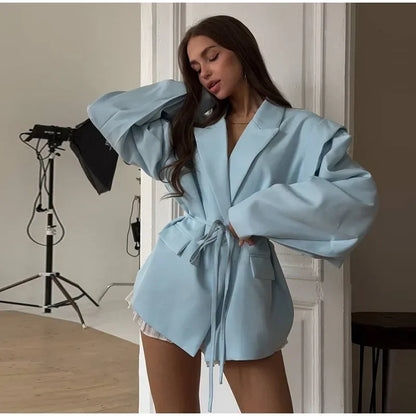 Solid Lapel Blazers For Women Oversize Single Button Long Sleeve With Belt Shoulder Pads Jackets 2025 Autumn Office Lady Outwear