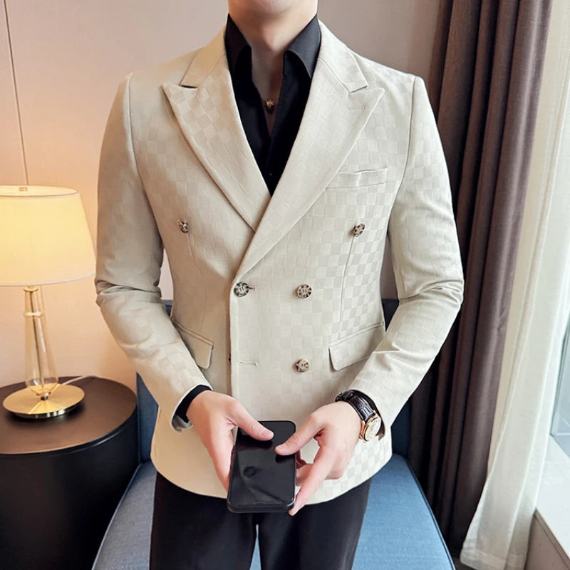Brand Checkered Double Breasted Blazers Men Slim Fit Business Social Formal Suit Jacket Fashion Wedding Groom Party Dress Coats