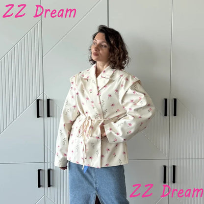 Solid Lapel Blazers For Women Oversize Single Button Long Sleeve With Belt Shoulder Pads Jackets 2025 Autumn Office Lady Outwear