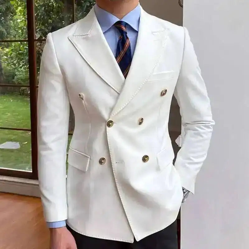 2023 British Style Men Blazers Double Breasted Casual Suit Jacket Wedding Business Dress Coat Social Banquet Tuxedo Costume