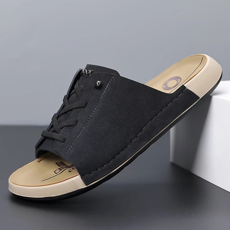 Leisure Walk Slippers for Man Fashion PU Leather Half Drag All-match Beach Sandals Non-Slip Male Flip Flops Open-toe Men Slides