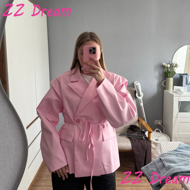 Solid Lapel Blazers For Women Oversize Single Button Long Sleeve With Belt Shoulder Pads Jackets 2025 Autumn Office Lady Outwear