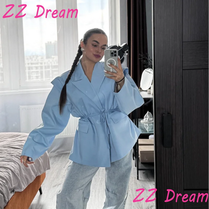 Solid Lapel Blazers For Women Oversize Single Button Long Sleeve With Belt Shoulder Pads Jackets 2025 Autumn Office Lady Outwear