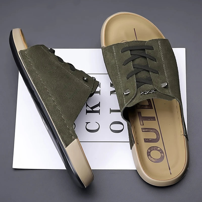 Leisure Walk Slippers for Man Fashion PU Leather Half Drag All-match Beach Sandals Non-Slip Male Flip Flops Open-toe Men Slides