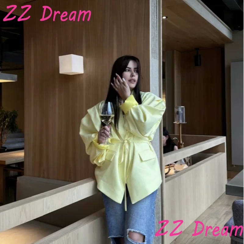 Solid Lapel Blazers For Women Oversize Single Button Long Sleeve With Belt Shoulder Pads Jackets 2025 Autumn Office Lady Outwear