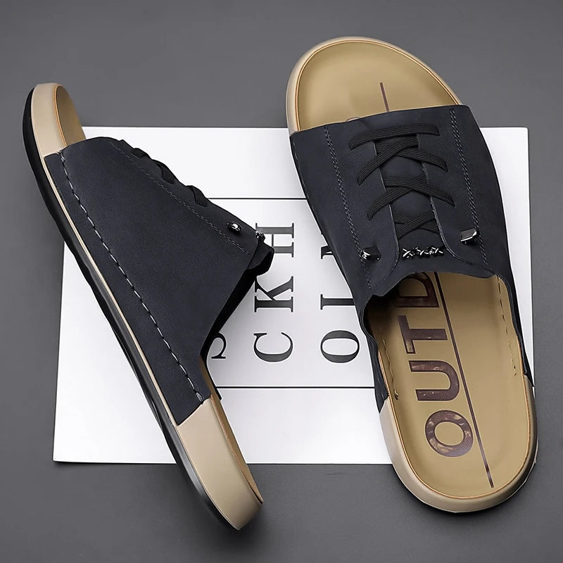 Leisure Walk Slippers for Man Fashion PU Leather Half Drag All-match Beach Sandals Non-Slip Male Flip Flops Open-toe Men Slides