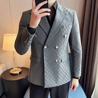 Brand Checkered Double Breasted Blazers Men Slim Fit Business Social Formal Suit Jacket Fashion Wedding Groom Party Dress Coats