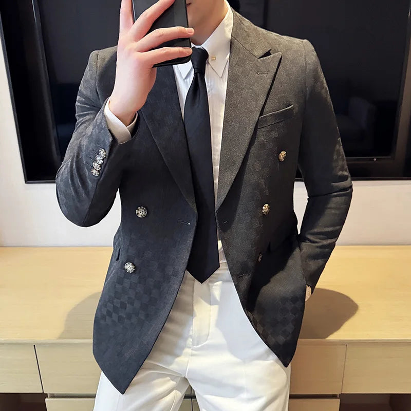 Brand Checkered Double Breasted Blazers Men Slim Fit Business Social Formal Suit Jacket Fashion Wedding Groom Party Dress Coats