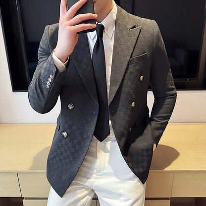 Brand Checkered Double Breasted Blazers Men Slim Fit Business Social Formal Suit Jacket Fashion Wedding Groom Party Dress Coats