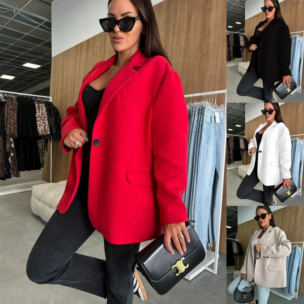 Oversized Single Breasted Blazer With Notched Lapel Chest Pocket And Flap Pockets Ideal For Office Wear Formal Events And Chic S