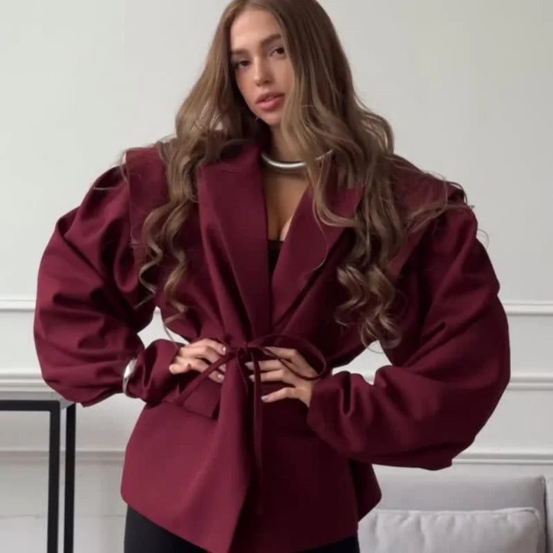 Solid Lapel Blazers For Women Oversize Single Button Long Sleeve With Belt Shoulder Pads Jackets 2025 Autumn Office Lady Outwear