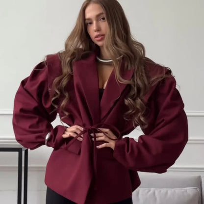 Solid Lapel Blazers For Women Oversize Single Button Long Sleeve With Belt Shoulder Pads Jackets 2025 Autumn Office Lady Outwear